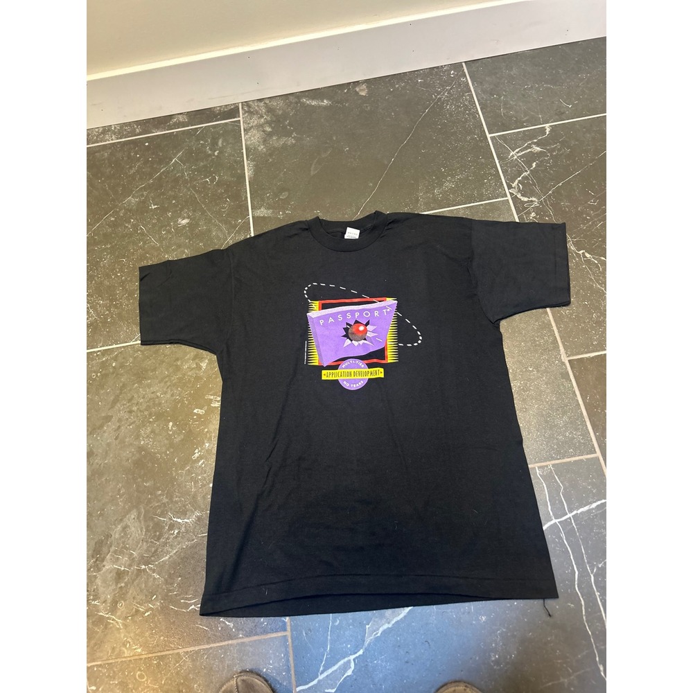 Vintage Fruit of the Loom Passport Tech Promo T-Shirt Mens XL Black 90s Software